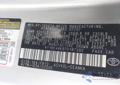 2007 Toyota Camry Ce from USA, damaged, VIN 4T1BE46K97U187392